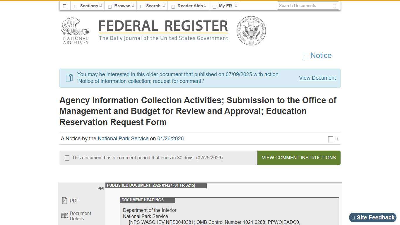 Federal Register :: Agency Information Collection Activities; Submission to the Office of Management and Budget for Review and Approval; Education Reservation Request Form